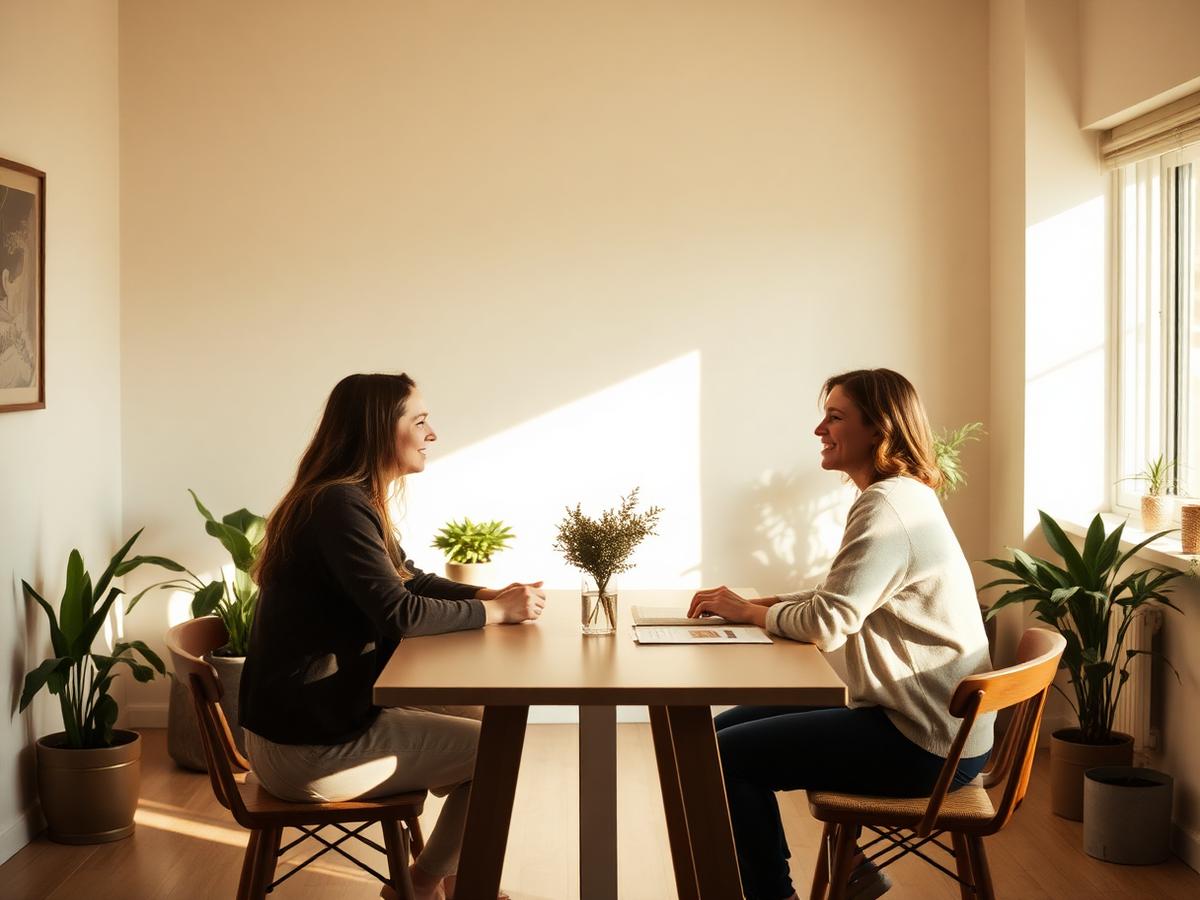 A practitioner in conversation with a patient in a warm, light-filled room
